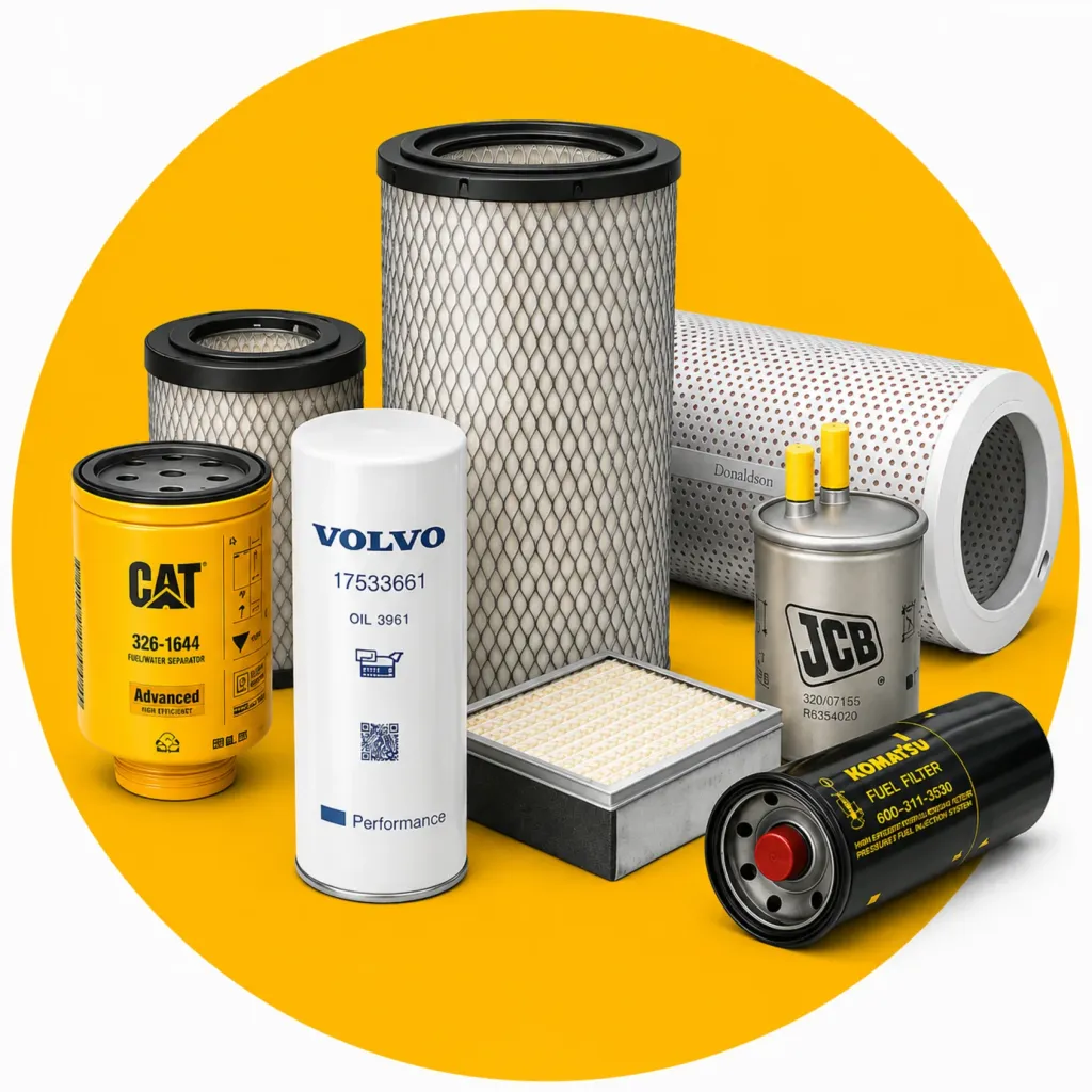 Air, oil, fuel and hydraulic filters for Caterpillar, Komatsu, Volvo, JCB heavy equipment